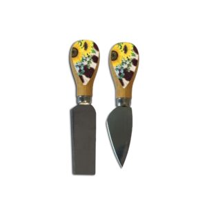 Set Of 2 Bamboo Cheese Knives Sunflower Cowhide Design