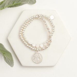 Matte Silver Tree W 2 Strands Beads Bracelet