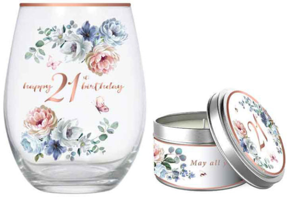 21st Gift Set Stemless Glass And Candle