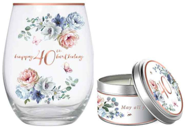 40th Gift Set Stemless Glass And Candle