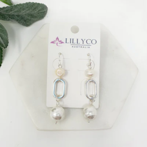 Silver Oval Drop Pearl Earrings