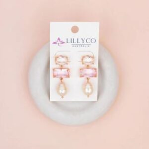 Pink Crystal, Clear Crystal & Pearl Drop Earrings