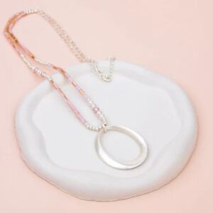 Matt Silver Oval Pendant With Pink Quartz Long Necklace