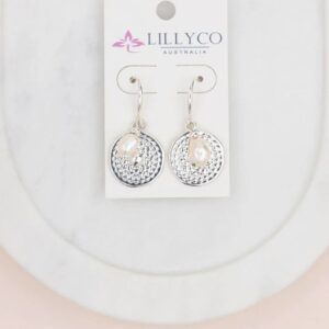 Silver Pattern Circle & Pearl Earring